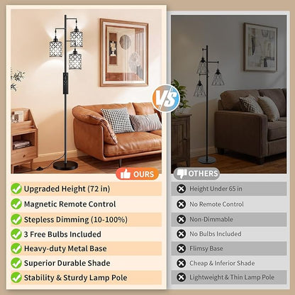 New Upgraded 72" Tall Dimmable Floor Lamp, 3 x 800LM 9W LED Bulbs Included, Farmhouse Standing Lamp with Remote Control, Industrial Tree Pole Floor Lamps for Living Room, Bedroom, Study Room - Black