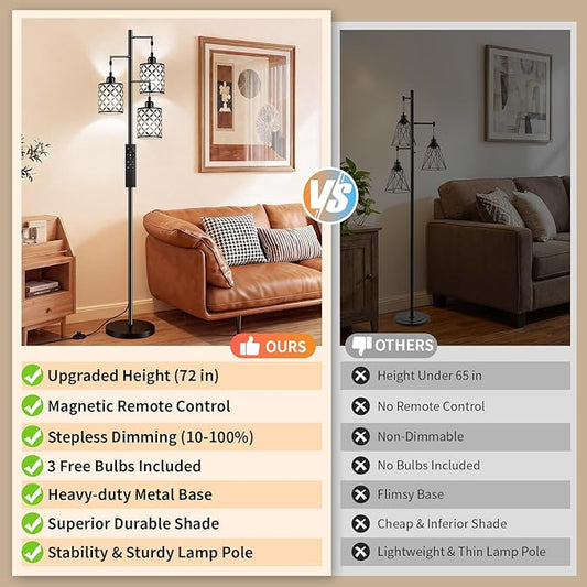 New Upgraded 72" Tall Dimmable Floor Lamp with 3 x 1100LM 12W Bright LED Bulbs, Farmhouse Standing Lamp with Remote Control, Industrial Tree Pole Floor Lamps for Living Room, Bedroom, Office - Black