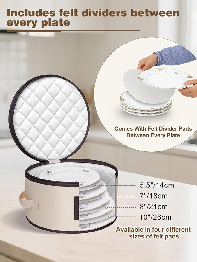 punemi Fine China Storage Containers With Dividers, Quilted Dish Storage Protectors With Hard Shell, Stackable Mug Storage Organizer For Moving & Dinnerware Plate Packing Supplies, Beige, 5-Piece Set