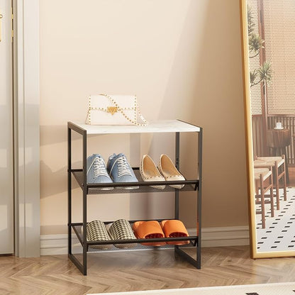 Garden 4 you 3 Tiers Narrow Shoe Rack,Small Space Freestanding Shoe Storage Organizer with White Wooden Tabletop,Adjustable Metal Shelf Stackable Shoe Shelf for Entryway Hallway Living Room Closet