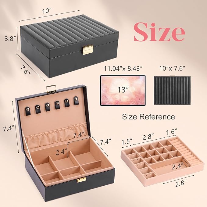 Gifturbo Jewelry Boxes for Women, 2-Layer Jewelry Organizer Box with Removable Tray, PU Leather Jewelry Storage Girls, Modern Style for Rings Earrings Necklace Bracelets, Gift Idea, Black
