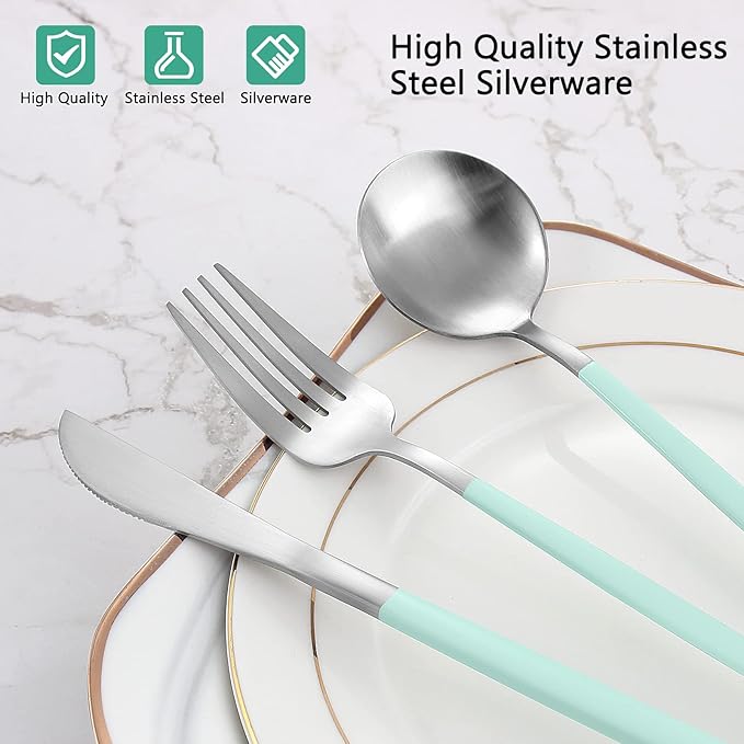 VANVRO Matte Green Silver Silverware Set, 20-Piece Stainless Steel Flatware Set, Satin Finish tableware Cutlery Set, Service for 4, Home and Restaurant, Dishwasher Safe