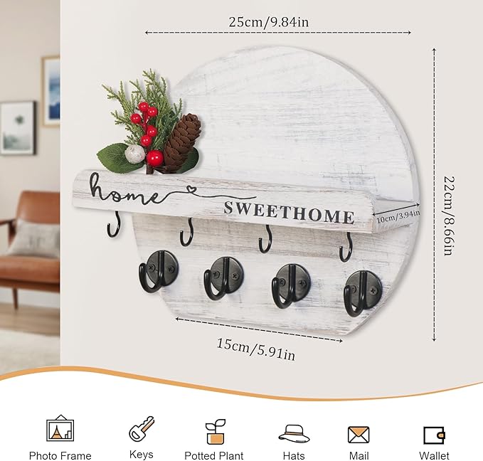 Key Holder for Wall, Key and Mail Holder Organizer - Key Holder Wall Mount with Bouquet Shelf and Key Hooks, Round Wooden Rustic Key Rack for Entryway and Home Decor (Pale White)