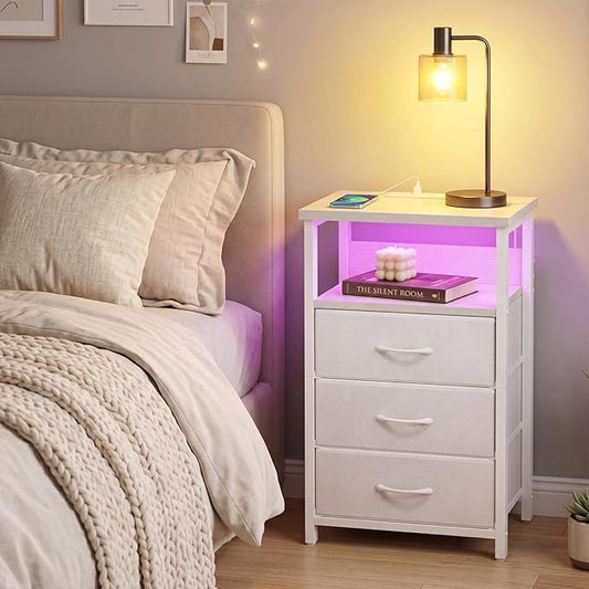 Fixwal White Nightstand with Charging Station, LED Night Stand with 3 Fabric Drawers and Open Shelf, Bedside End Table in Bedroom