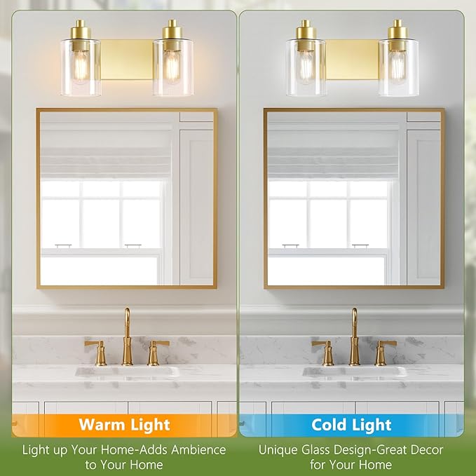 Gold Bathroom Light Fixtures,2-Light Bathroom Lights Over Mirror with Clear Glass Shade,Gold Light Fxiture Wall Sconces for Kitchen Living Room Bedroom