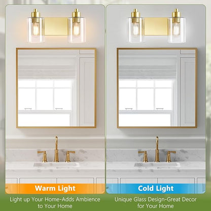 Gold Bathroom Light Fixtures,2-Light Bathroom Lights Over Mirror with Clear Glass Shade,Gold Light Fxiture Wall Sconces for Kitchen Living Room Bedroom
