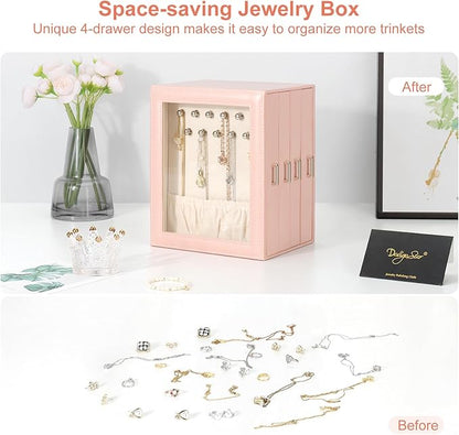 DesignSter Jewelry Box Organizer, Jewelry Box for Women, PU Jewelry Organizer Display Case with Side Drawers, Jewelry Storage for Earring Necklace Ring Bracelet Watch