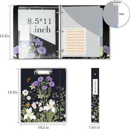 3 Ring Binder 1 Inch, Three Ring Binders Organizer with Clipboard, 5-Tabs Pockets Dividers, Plastic Folder, 18 Divider Stikers, BVSSX Pretty Binder with Pen Loop (Black Weeds, Letter Size)