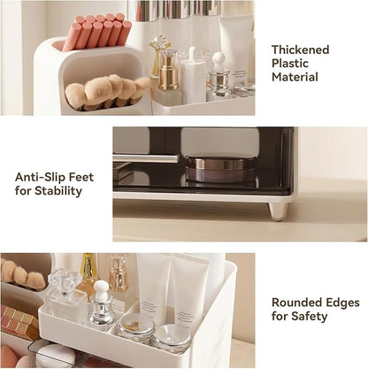 Brothersbox Makeup Organizer with Brush Holder for Vanity, Large Countertop Skincare Storage with 2 Drawers, Holds Lipsticks, Nail Polishes, Perfumes, Brushes - Gift for Women, White