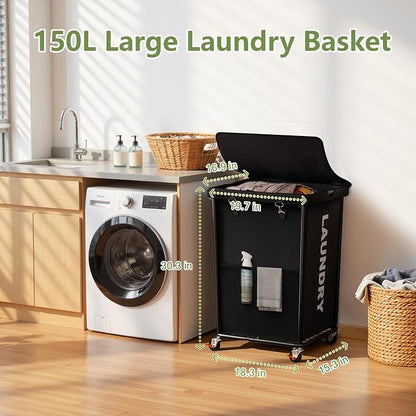 150L Laundry Basket with Lid and Wheels, Rolling Laundry Hamper with Cloth Cover, Laundry Cart with Metal Frame & Removable Bag, Large Dirty Clothes Hampers for Bedroom, Laundry Room Bathroom, Black
