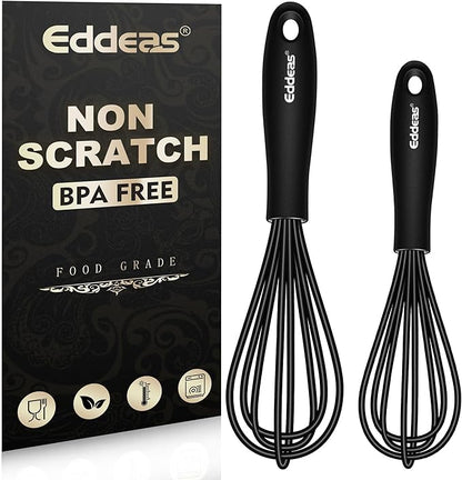 Eddeas Silicone Mini Whisk, Small whisks Non-Stick Tiny Whisks set of 2（5.5in & 7.5in）-Heat Resistant (450°F) Whisks, Balloon Egg Beater Perfect for Whisking, Beating, Mixing, Blending, Black