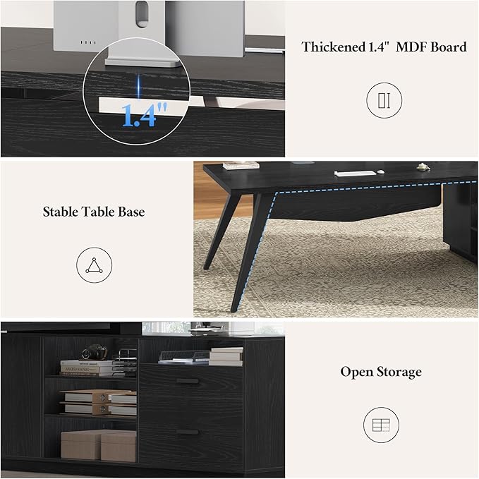 70.3 inch L Shaped Executive Desk with Power Outlets, Large Home Office Desk with Storage Drawers and File Cabinet, Modern Computer Desk with Shelves, Black Business Furniture, Square Tapered Legs