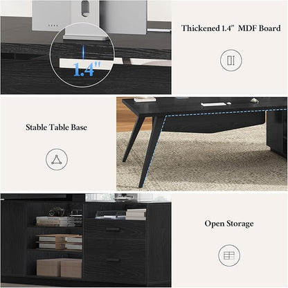 70.3 inch L Shaped Executive Desk with Power Outlets, Large Home Office Desk with Storage Drawers and File Cabinet, Modern Computer Desk with Shelves, Black Business Furniture, Square Tapered Legs