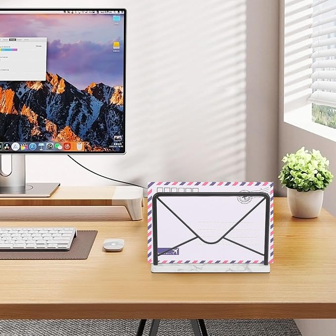 Modern Mail Holder for Home Office, Metal Letter Organizer Sorter for Desk, Cutout Mail Envelope Design, Bill Filling Paper Document Rack, Envelope Storage Rack with Marble Base (Black)