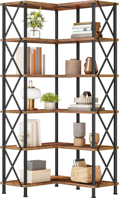 HOOBRO Corner Bookshelf, 6-Tier L-Shaped Bookcase, Industrial Open Display Shelf Tall Storage Organizer, Vertical Storage Rack, for Living Room, Home Office, Rustic Brown and Black BF61SJ01