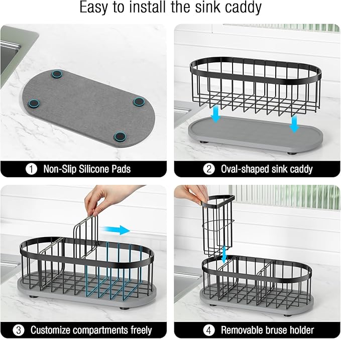 HOKEMOM Black Sponge Holder for Kitchen Sink,Sink caddy organizer - 2.6mm Thick 304 Stainless Steel Caddy with Rust-Proof Coating, Non-Slip No-Drain Base. Dimensions: 9.84" x 4.72" x 5.83"