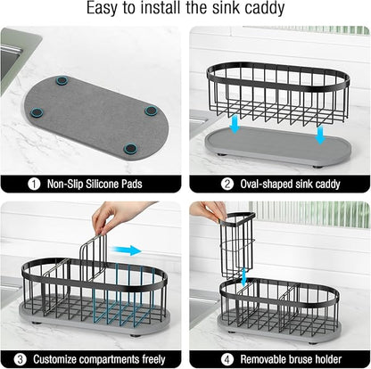 HOKEMOM Black Sponge Holder for Kitchen Sink,Sink caddy organizer - 2.6mm Thick 304 Stainless Steel Caddy with Rust-Proof Coating, Non-Slip No-Drain Base. Dimensions: 9.84" x 4.72" x 5.83"