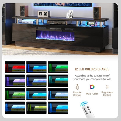 80" TV Stand for Living Room, Large Entertainment Center & Media Console, Fits TVs up to 90", Storage Cabinet with Shelves, 36" Electric Fireplace (All Black)