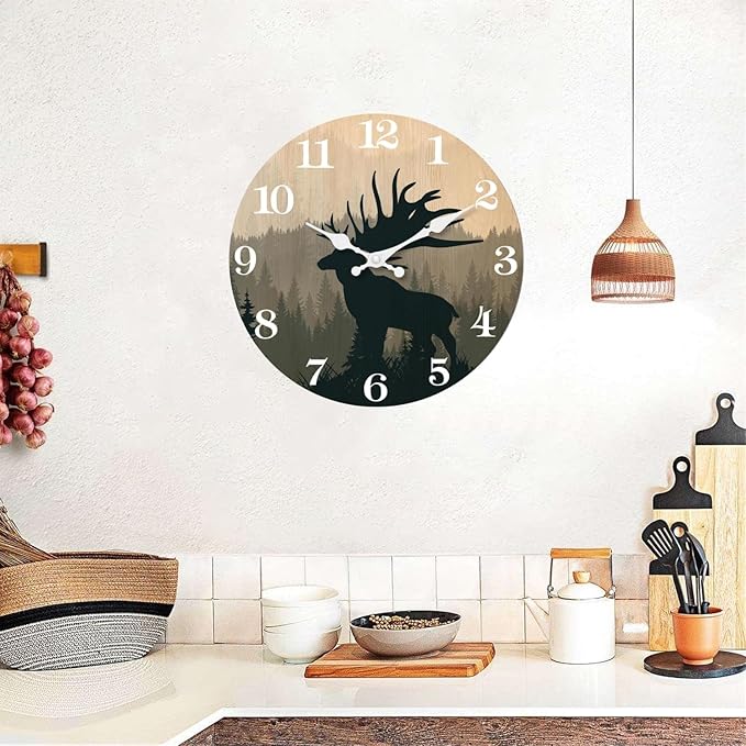 XFM Rustic Elk Deer Wall Clock 10 Inch Silent Wall Clocks Battery Operated Vintage Farmhouse Wooden Clocks Decorative for Living Room Bedroom Kitchen Cabin Decor