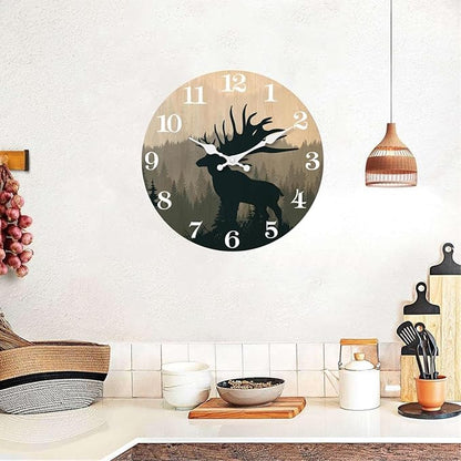 XFM Rustic Elk Deer Wall Clock 10 Inch Silent Wall Clocks Battery Operated Vintage Farmhouse Wooden Clocks Decorative for Living Room Bedroom Kitchen Cabin Decor