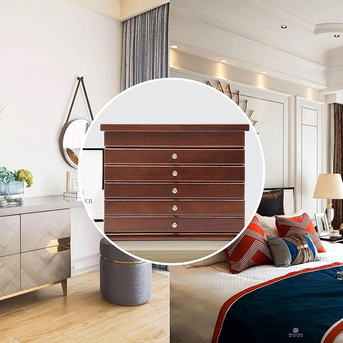 Wood Jewelry Box 6-Tier Large Jewelry Organizer Cabinet with 5 Drawers Women Girls Storage Display Case for Necklace Rings Earrings Accessories, with Mirror and Lock (Without Mirror-brown)