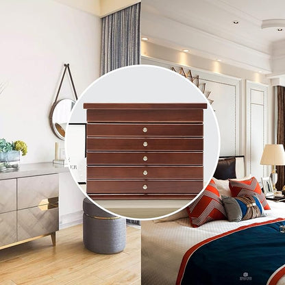 Wood Jewelry Box 6-Tier Large Jewelry Organizer Cabinet with 5 Drawers Women Girls Storage Display Case for Necklace Rings Earrings Accessories, with Mirror and Lock (Without Mirror-brown)