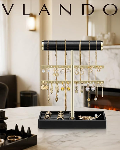 Vlando 2 Tier Necklace Holder Organizer with Tray, Leather Bracelet Holder Display for Women, Gold Jewelry Holder Stand for Bracelet, Necklace, Earrings, Rings - Black