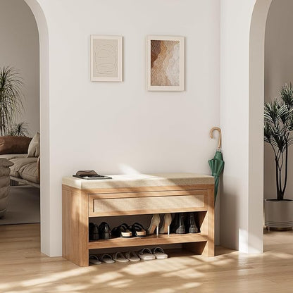 Shoe Bench with Storage Drawer, Farmhouse Wooden Entryway Bench with Linen Cushion, Freestanding Shoe Rack with Open Shelf for Hallway Front Door Living Room Bedroom