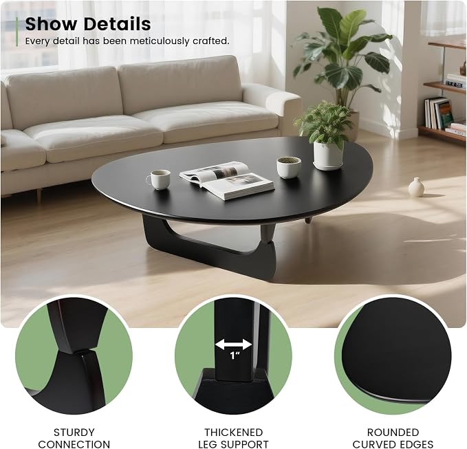 Solid Wood Triangle Coffee Table,Unique Mid Century Modern Oval Coffee Table,Irregular Geometric Tea Tables for Home Living Room with Wooden Tabletop and Reinforced (Black2, 43" L x 31" W x 16" H)