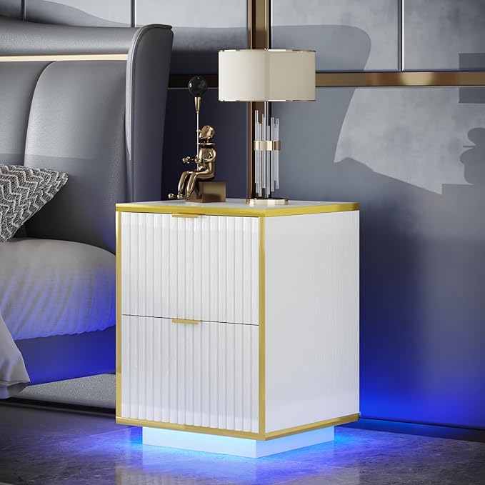 4ever2buy White and Gold Nightstand, Modern Bedside Table with LED Lights, End Table for Bedroom Living Room