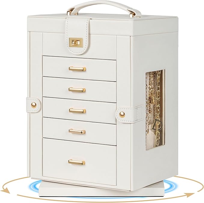 AKOZLIN Jewelry Box 6-Tier Organizer Functional 360° Rotating Jewelry Storage Case for Women Girls Ring Necklace Earring Bracelet Holder with Mirror