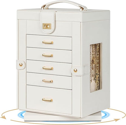 AKOZLIN Jewelry Box 6-Tier Organizer Functional 360° Rotating Jewelry Storage Case for Women Girls Ring Necklace Earring Bracelet Holder with Mirror