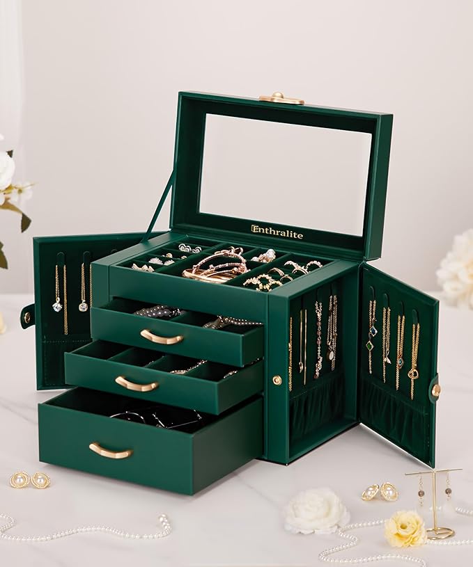 Jewelry Box with 3 Drawers: Display Organizer for Earrings Necklaces - Gifts for Girls Women (Forest Green)
