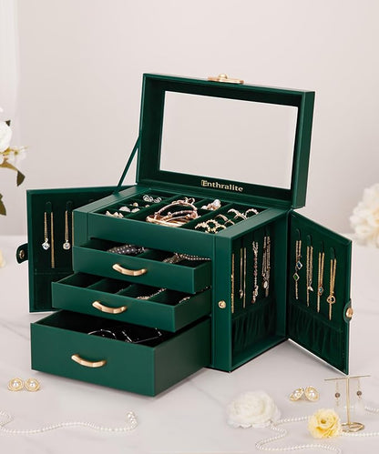 Jewelry Box with 3 Drawers: Display Organizer for Earrings Necklaces - Gifts for Girls Women (Forest Green)