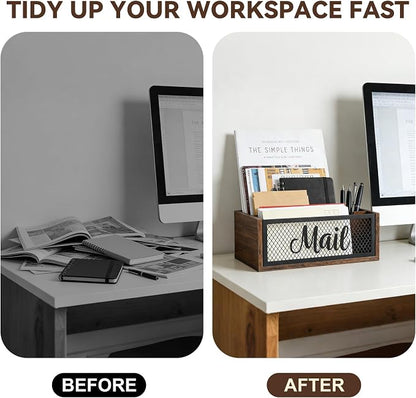 Mail Organizer Countertop, Rustic Farmhouse 2-Slot Wood & Iron Mail Holder, Retro Wall Mounted or Desk Entryway Letter Bill Envelope Sorter, No Assembly | Wood & iron, 11"×4"×4", holds letters, bills & magazines. Non-slip base, no sliding or scratching...