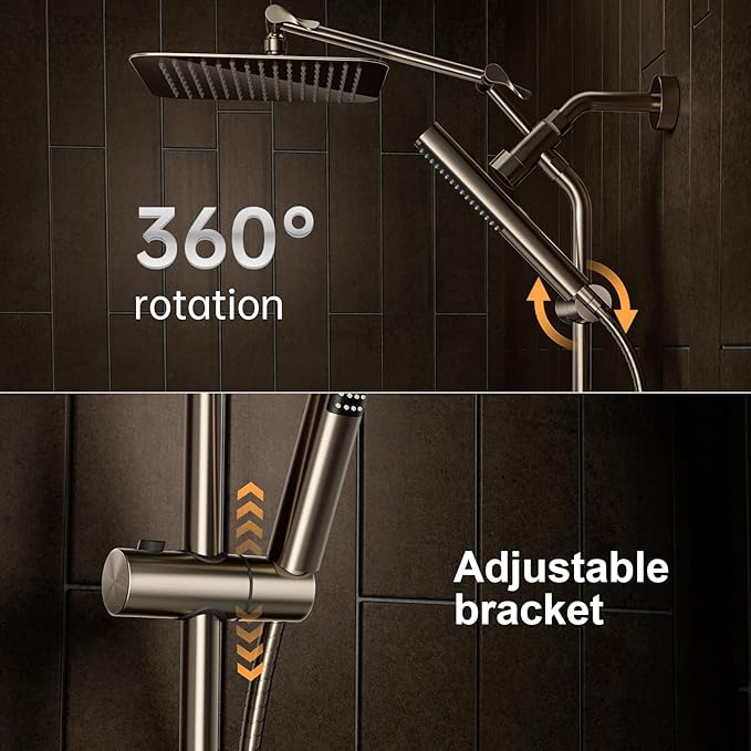 Veken All Metal 10" Brushed Nickel Shower Head with Handheld, Luxurious Square Double Rain Shower Heads with Power-wash Hand Held, Dual High Pressure Detachable Rainfall Showerhead,Bathroom Upgrade