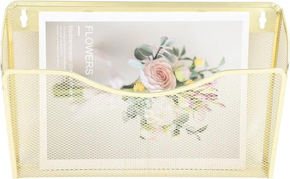 EASEPRES 3 Single Pocket Mesh Hanging File Organizer, Vertical Wall Mounted Magazine File Holder, Mount Basket Mail Paper Document Folder Organizing for Office, Home and School, Gold