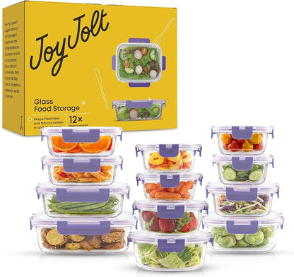 JoyJolt 24pc Borosilicate Glass Storage Containers with Lids | 12 Airtight/Freezer Safe Food Storage Containers for Pantry and Kitchen | Meal Prep Container for Lunch | Glass Tupperware Set