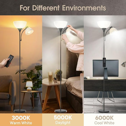 GERGO Led Floor Lamp, Super Bright 11W+7W 2100LM Torchiere Floor Lamps for Living Room, Stepless Adjustable 4 Color Temperatures 3000K-6000K with Remote Control for Bedroom (Matte Black)