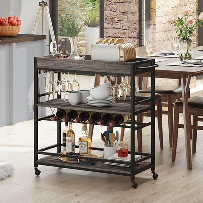 BON AUGURE Bar Cart, Home Bar Serving Cart on Wheels, Mobile 3 Tier Liquor Beverage Carts with Wine Rack and Glass Holder (Grey Oak)