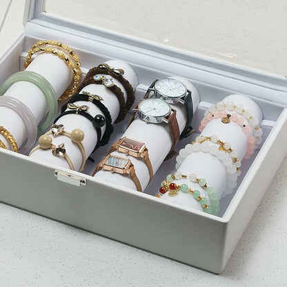 Bracelets Organizer Rods Bangles Display Holder, Clear See through Lid Leather Velvet Jewelry Storage Box Case for Women, 4 Rods White Leather