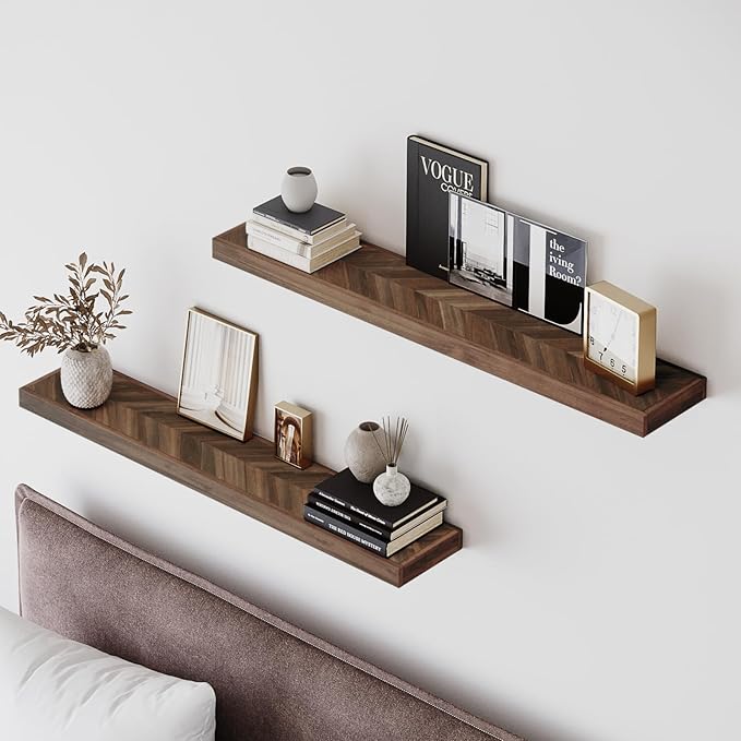 Howizz 24" Acacia Chevron Floating Shelves Set of 2 - Wall Mounted Wooden Shelf for Stylish Home Décor - Walnut Color - 24x6.7x1.5 Inches
