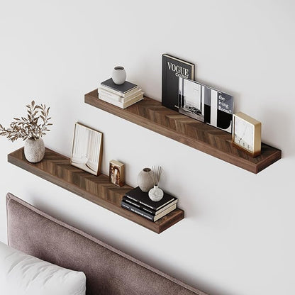 Howizz 24" Acacia Chevron Floating Shelves Set of 2 - Wall Mounted Wooden Shelf for Stylish Home Décor - Walnut Color - 24x6.7x1.5 Inches