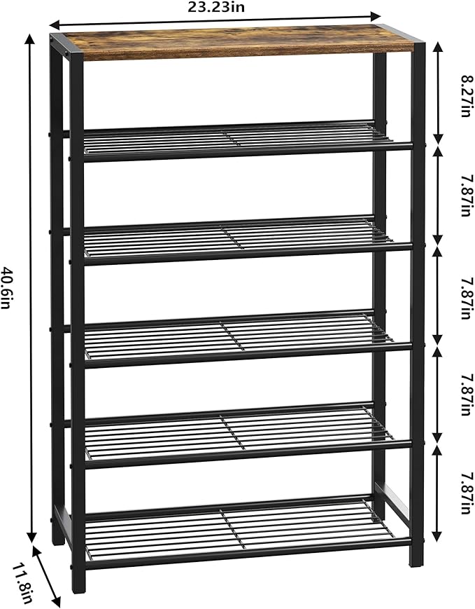 Yusong Shoe Rack Organizer, 6 Tier Industrial Shoe Storage Shelf, Narrow Sturdy Metal Shoe Shelves for Closet Entryway, Rustic Brown
