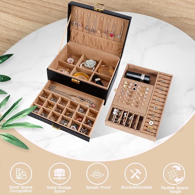 Gifturbo Jewelry Box for Women,Jewelry Boxes for Girls, 3 Layers Large Travel Jewelry Storage Organizer Box for Earring,Ring,Bracelets,Necklace