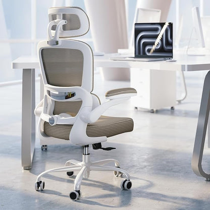 TRALT Ergonomic Office Chair - Desk Chair with Adjustable Headrest Lumbar Support Computer Chair - Mesh Comfy Chair with Flip-up Armrests - Gaming Chairs for Adults Home Office (PU Leather,Khaki)