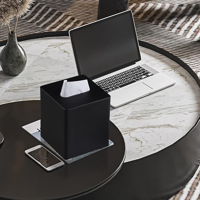MEIBOOCH PU Leather Tissue Box Cover Square Tissue Box Holder with Magnetic Closure (Black)