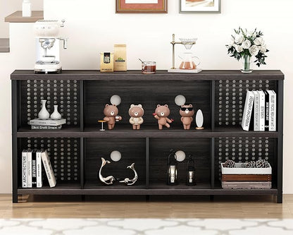 LVB Industrial Horizontal Bookcase, Rustic Wood 4 5 6 7 8 Cube Bookshelf, Modern Wide Long Low Book Shelf, Vintage Large Open Cube Storage Organizer for Office Bedroom Living Room, Dark Gray Oak 63 In