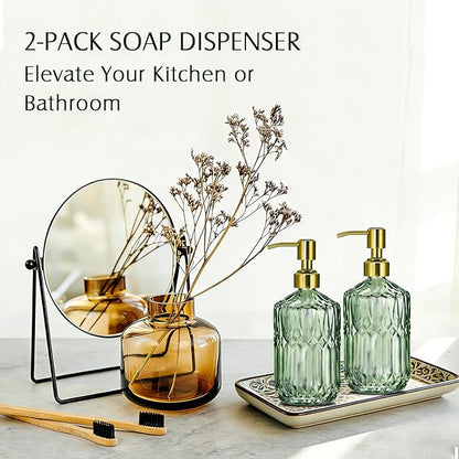 COHOSEGE 17 Oz Green Glass Kitchen Soap Dispenser for Dish Soap, 2 Pack Bathroom Soap Dispenser Set with Gold Rust Proof Pump for Lotion, Hand soap or Body Wash