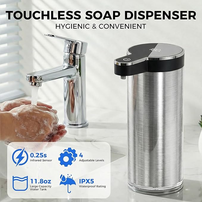 Automatic Foaming Soap Dispenser Touchless, Stainless Steel Hand Soap Dispenser, USB Rechargeable, 4 Adjustable Levels, 11.8oz/350ml for Kitchen and Bathroom (Stainless Steel Black, Foam)